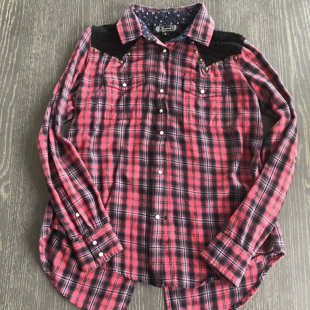 Shyanne Plaid Button Down Shirt with Lace